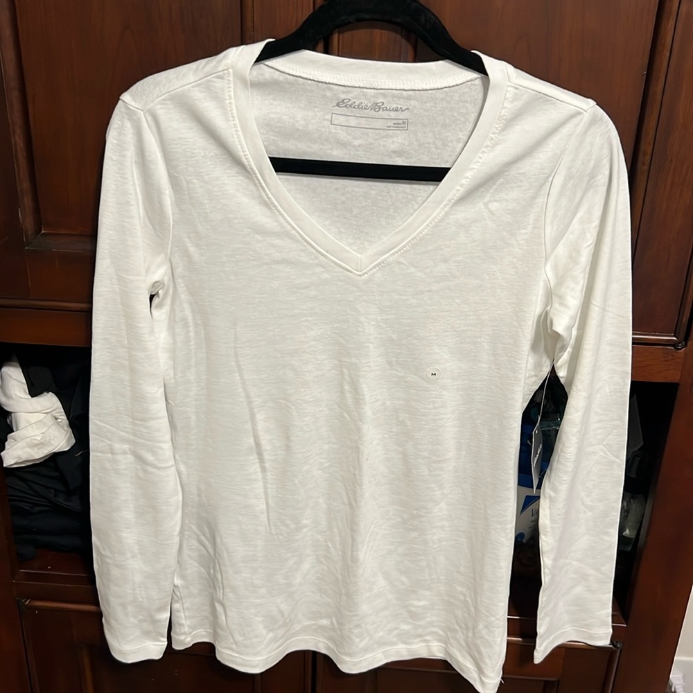 Eddie Bauer NWT long sleeve, white, v neck t shirt